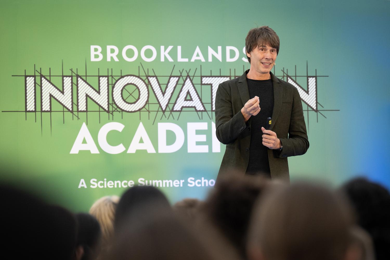 Professor Brian Cox presenting at the Brooklands Innovation Academy. Credit JP Bland (photo)