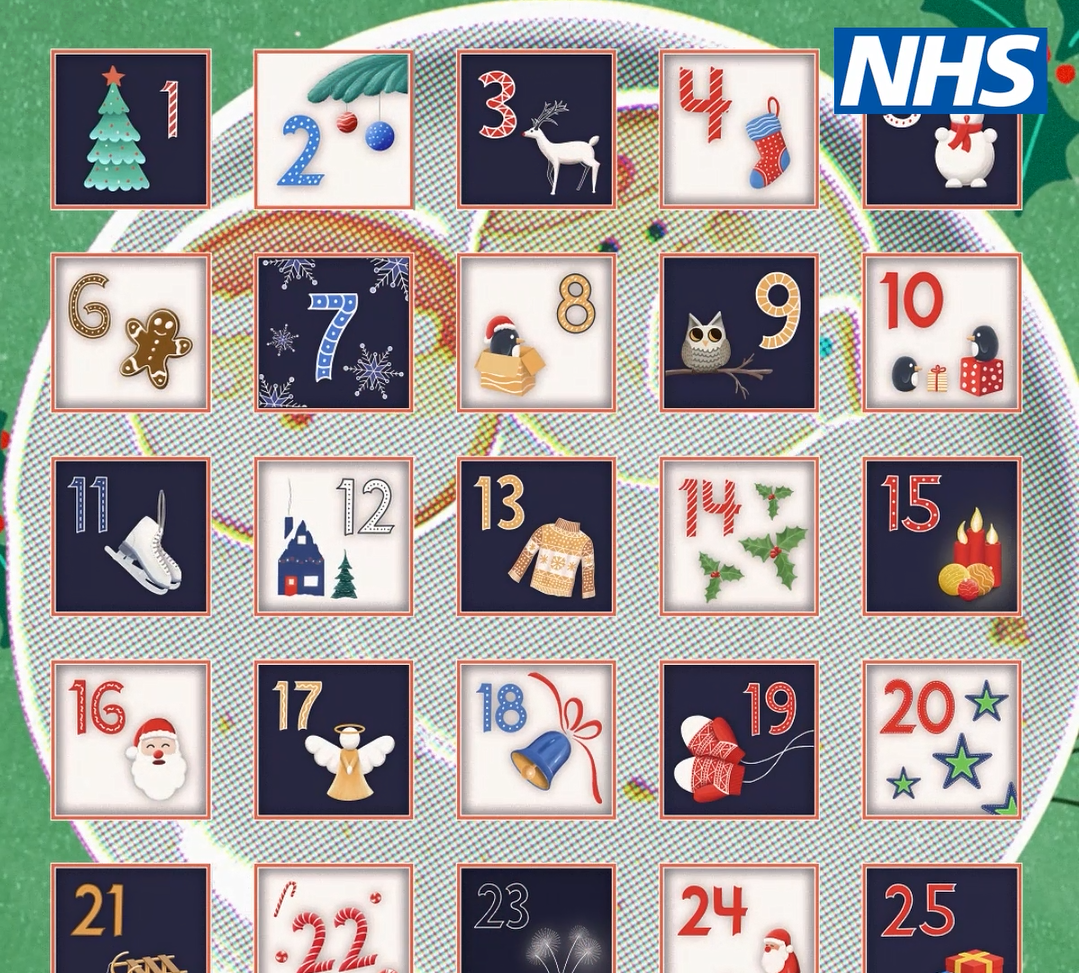 An advent calendar image with numbered doors and the NHS logo