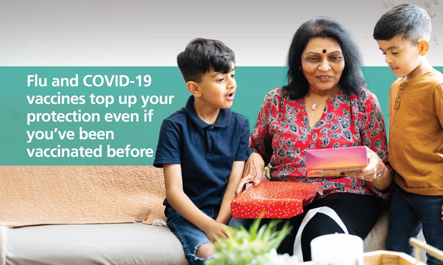 Graphic displaying a women and two young boys with a message encouraging flu and Covid-19 vaccinations